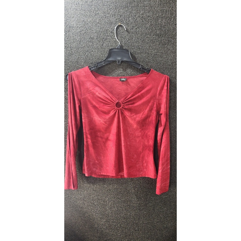 Vanity Vintage Y2K Red Glitter O-Ring V-Neck Long Sleeve Top Large Made in USA